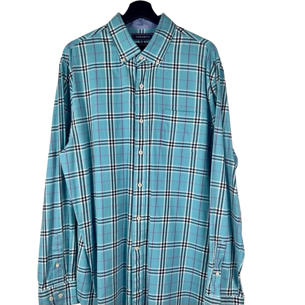 Crown & Ivy Mens Classic Fit Plaid Button Down Shirt Teal Large Long Sleeve